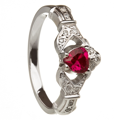 14k White Gold Ruby Set Heart Claddagh Ring 12.4mm