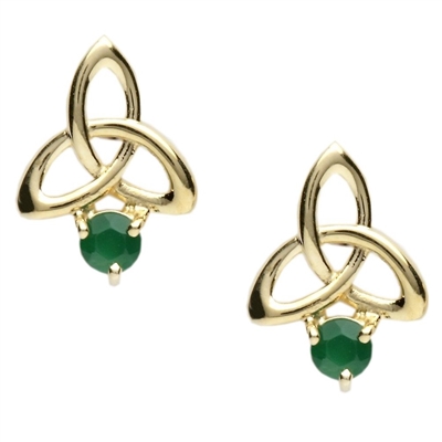 10k Yellow Gold Green Agate Trinity Knot Celtic Stud Earrings