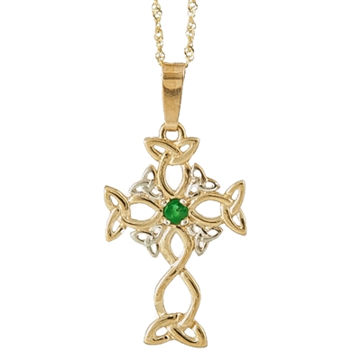 10k Yellow Gold Trinity Knot Emerald Celtic Cross 24mm
