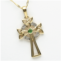 10k Yellow Gold Small Emerald & CZ Celtic Cross 26mm