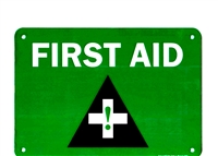 â€œFirst Aidâ€ Green Plastic Sign with Cross and Triangle