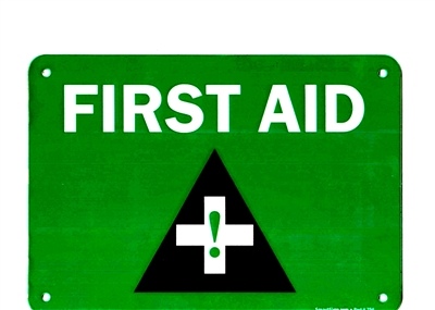 â€œFirst Aidâ€ Green Plastic Sign with Cross and Triangle