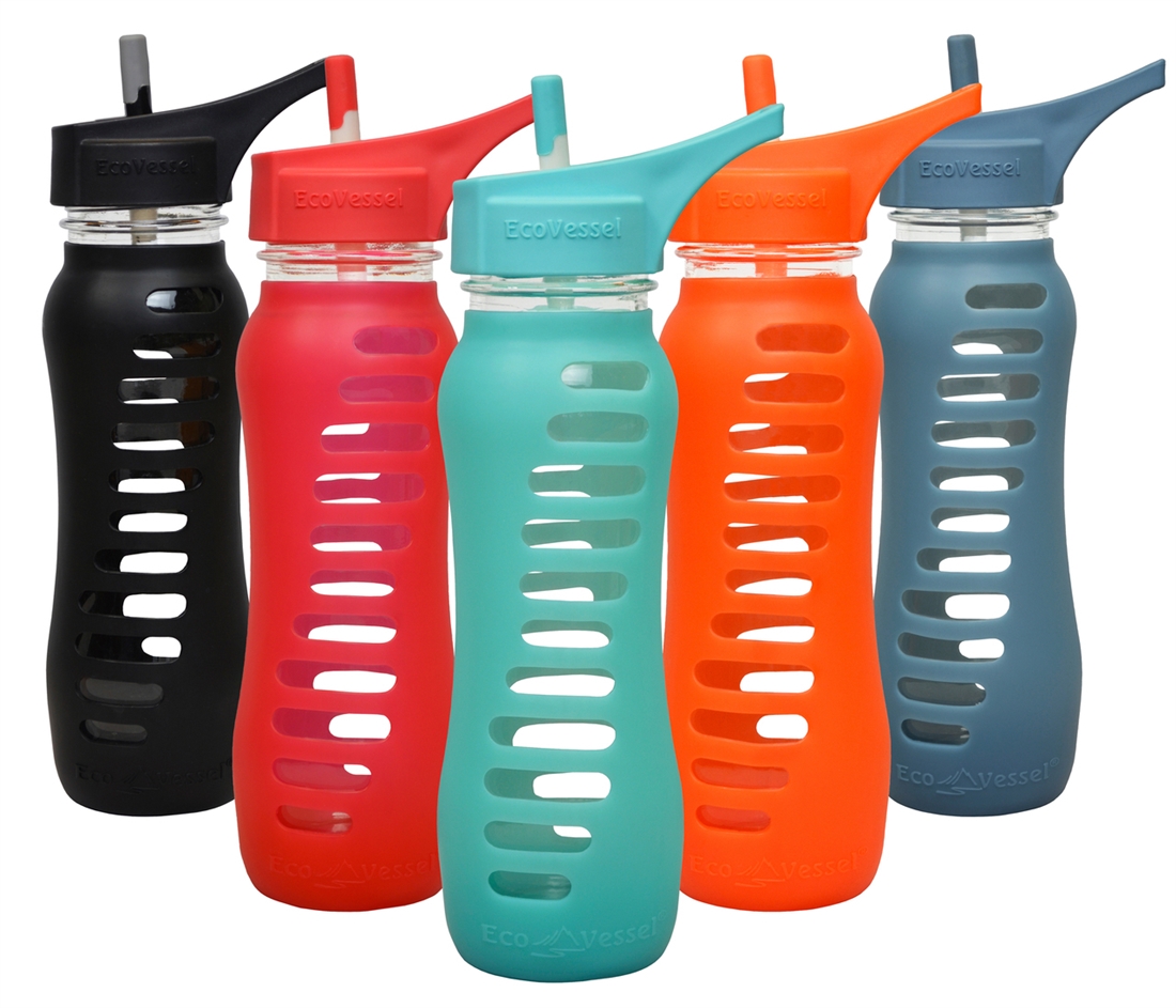EcoVessel SURF Sport 22oz Glass Water Bottle with Flip Straw Top