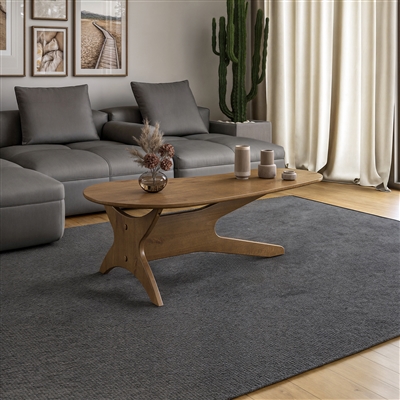 Mid-Century modern solid wood coffee table in rich mocha brown finish with abstract shaped top