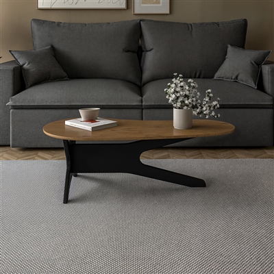 Mid-Century modern solid wood coffee table in rich black finish with mocha top and abstract shaped top