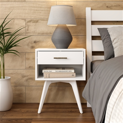 Mid Century Modern One Drawer Nightstand -White Fin