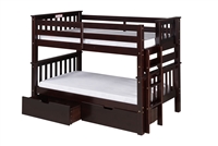 Santa Fe Mission Low Bunk Bed Twin over Twin - Bed End Ladder - Cappuccino Finish - with Under Bed Drawers