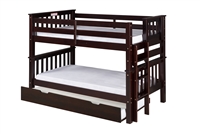 Santa Fe Mission Low Bunk Bed Twin over Twin - Bed End Ladder - Cappuccino Finish - with Twin Size Under Bed Trundle