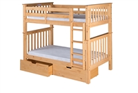 Santa Fe Mission Tall Bunk Bed Twin over Twin - Attached Ladder - Natural Finish - with Under Bed Drawers