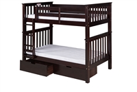 Santa Fe Mission Tall Bunk Bed Twin over Twin - Attached Ladder - Cappuccino Finish - with Under Bed Drawers
