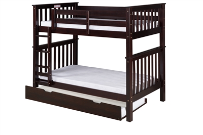 Santa Fe Mission Tall Bunk Bed Twin over Twin - Attached Ladder - Cappuccino Finish - with Twin Size Under Bed Trundle