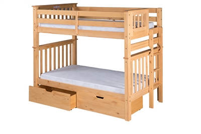 Santa Fe Mission Tall Bunk Bed Twin over Twin - Bed End Ladder - Natural Finish - with Under Bed Drawers