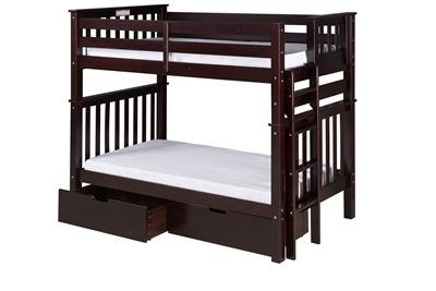 Santa Fe Mission Tall Bunk Bed Twin over Twin - Bed End Ladder - Cappuccino Finish - with Under Bed Drawers