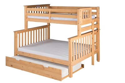 Santa Fe Mission Tall Bunk Bed Twin over Full - Bed End Ladder - Natural Finish - with Twin Size Under Bed Trundle