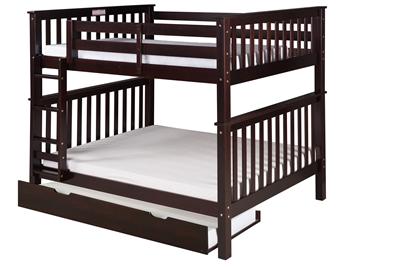Santa Fe Mission Tall Bunk Bed Full over Full - Attached Ladder - Cappuccino Finish - with Twin Size Under Bed Trundle