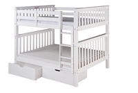 Santa Fe Mission Tall Bunk Bed Full over Full - Attached Ladder - White Finish - with Under Bed Drawers