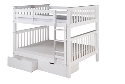 Santa Fe Mission Tall Bunk Bed Full over Full - Attached Ladder - White Finish - with Under Bed Drawers