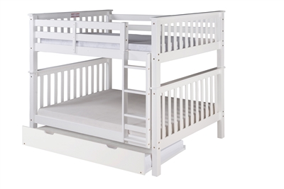 Santa Fe Mission Tall Bunk Bed Full over Full - Attached Ladder - White Finish - with Twin Size Under Bed Trundle