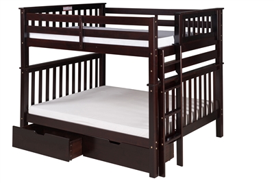 Santa Fe Mission Tall Bunk Bed Full over Full - Bed End Ladder - Cappuccino Finish - with Under Bed Drawers