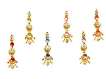 Elegant rainbow bindi with gold accents and white crystals.