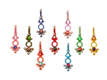 A selection of multi colored bindi with contrasting rainbow crystals.