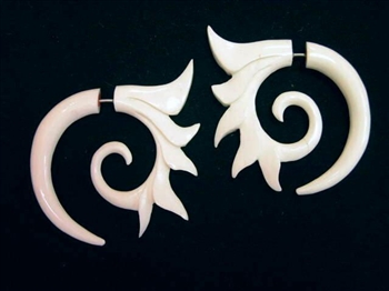 Fancy Tribal Spiked Spiral Earrings Buffalo Bone Split Expanders Organic Jewelry