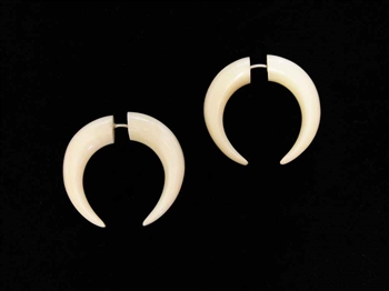 Small crescent shaped earrings are divided evenly in the center.