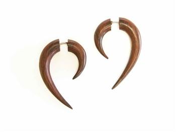 Wood earrings in elongated crescent tapers for men or women.