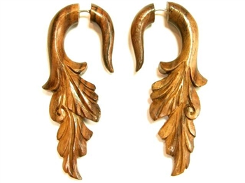 Carved Leaf Split Expanders Wooden Natural Sono Wood Earrings 2.5"