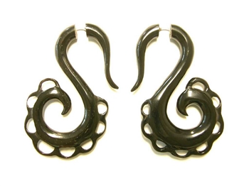 Black horn fake taper earrings in a s shape design with a scalloped edge.