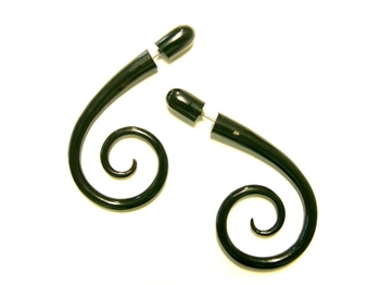 Two inch long fake gauges with a spiral at the bottom in black horn.