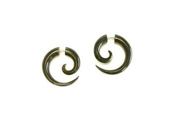 Domestic water buffalo horn earrings carved into a spiral only 1" long.