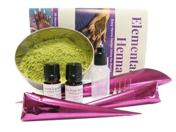 Body art quality ORa Organic Rajasthani henna powder kit with henna tools for dark color henna stains.