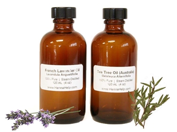 Bulk tea tree and lavender essential oils for mehndi henna paste. Two 4 ounce bottles for 8 ounces total.