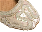 Indian shoes in warm white ivory silk with iridescent beads and sequins with gold threadwork.