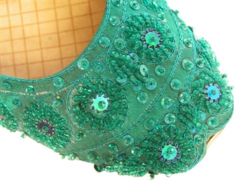 Indian shoes with teal green silk and matching beads and sequins.