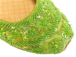 Parrot green silk with lime green beads and sequins in classic sari shoe style.
