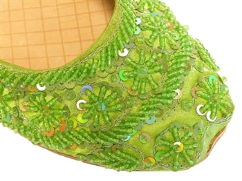 Parrot green silk with lime green beads and sequins in classic sari shoe style.