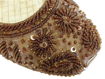 Warm brown silk with matching beads and holographic sequins in a classic belly dance Indian shoe.