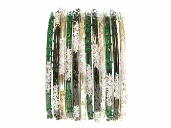 Silver, black, and dark green fancy bangles with silver confetti glitter.