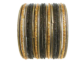 Heavily glittered glass bangles in black and gold.