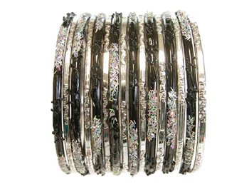 Metallic silver, and shiny black bangles with silver confetti glitter.