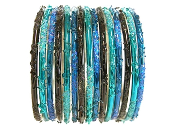 Festive style bangles in royal blue, turquoise, and black with matching glitter.