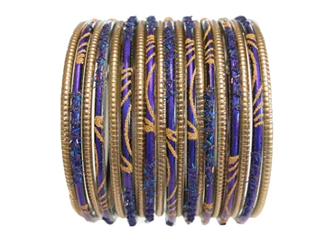 Matte gold bangles and indigo blue bangles with gold accents.