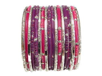 Bright purple and fuchsia pink with metallic silver glass bangles.