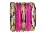 Bright magenta pink bangles with black and gold glitter accents.