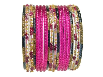 Bright magenta pink bangles with black and gold glitter accents.