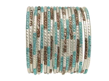 Matte silver bangles accented with brown and light blue glitter.