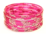 Silver Glitter Fuchsia Indian GLASS Bangles Sari Bracelets Build-A-Bangle 2.6