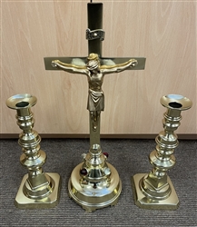 Second hand brass Cross and pair candle sticks